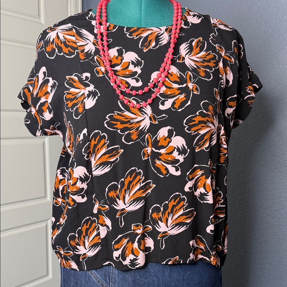 Madewell Black Floral Blouse Women’s M Drapey Viscose Top Short‎ Sleeve - Picture 3 of 12